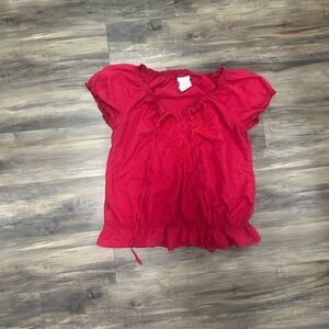 💗Vibrant Red Smocked Blouse with Embroided Flowers